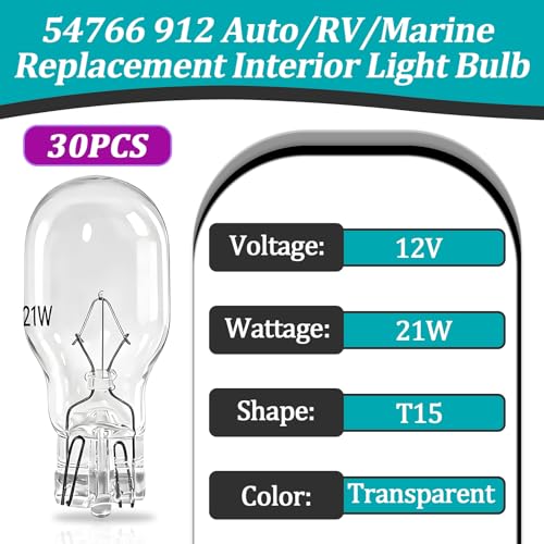 Image of 30 Pcs 54766 912 Bulb for Auto RV Marine Camper | Interior Light Bulbs Replacement, 12V, 21W, T15 Base, For License Plate Side Marker, Long Service Life