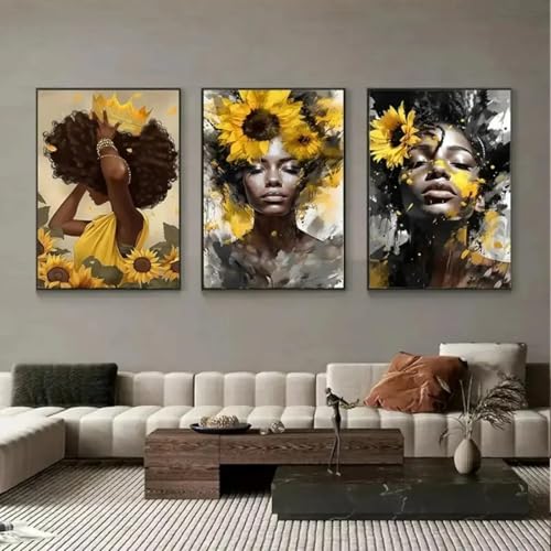 Toile femme noire africaine jaune tournesol triptyque salon 70x90cm sans cadre