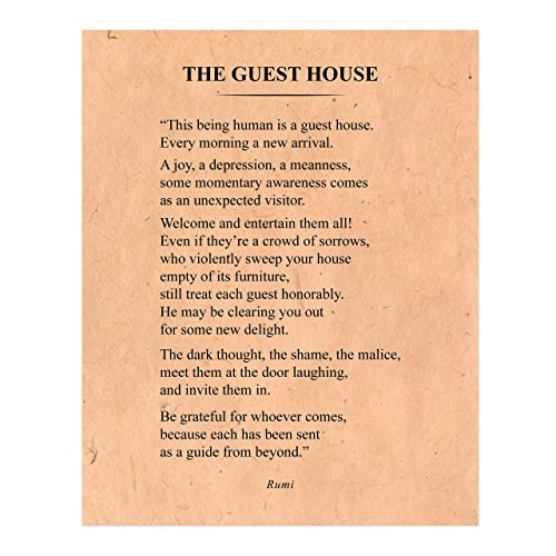 "The Guest House-Be Grateful for Whoever Comes"-Rumi Book Page Print-11 x 14" Literary Wall Art Quotes w/Replica Distressed Parchment Design-Ready To Frame. Inspirational Home-Office-Spiritual Decor!