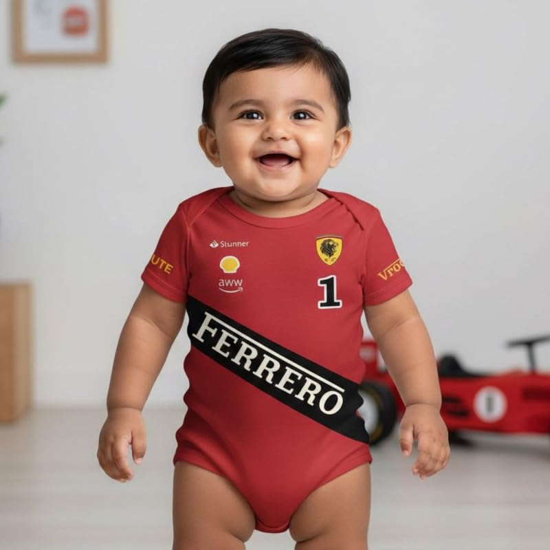 Image of Unisex Baby Half Romper with Racing Car Print, Soft Cotton Fabric, Short Sleeves, Round Neck, Comfortable Summer Wear for Infants Red 0-3M