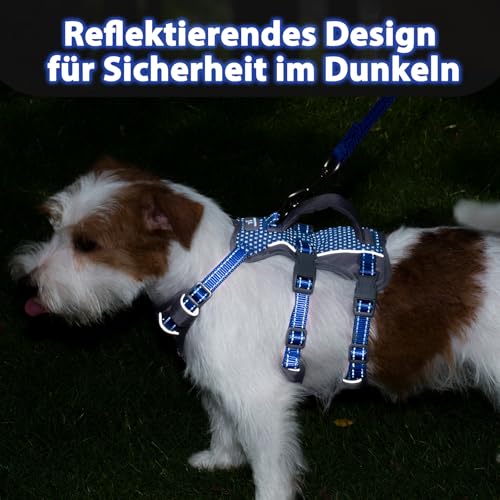 Huntboo Sicherheitsgeschirr Hund Ausbruchsicher, Panikgeschirr für Hunde, Reflektierendes Geschirr Hund mit Griff, Verstellbare Hundegeschirr für kleine, mittelgroße und große Hunde (Meeresblau,XS)