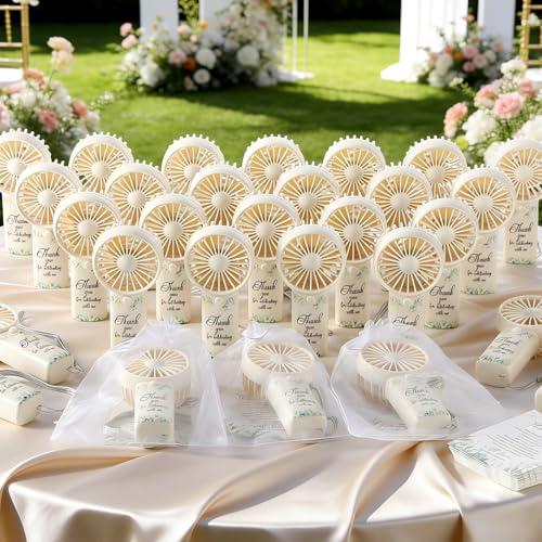 50 Set Greenery Mini Fans Bulk for Wedding Guests Summer Handheld Electric Fans Portable with Thank You Cards Organza Bags Personalized Wedding Party Favors Gift Souvenir for Guest Battery Not Include