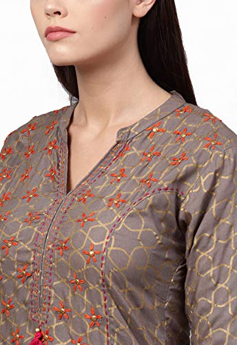 Image of ishin Women's Viscose Rayon A-Line Embroidered Thread Work Floral print Grey Kurta suit set with Palazzo