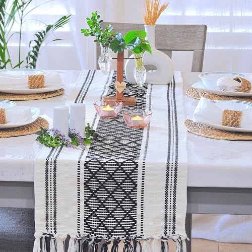 Image of Curated Cart Boho Table Runner 13x70 Inch with Tassels - Cotton Table Runner for 6 Seater Dining Table, Centre Table Runner for Living Room, Farmhouse Dining Table Decor (Black)