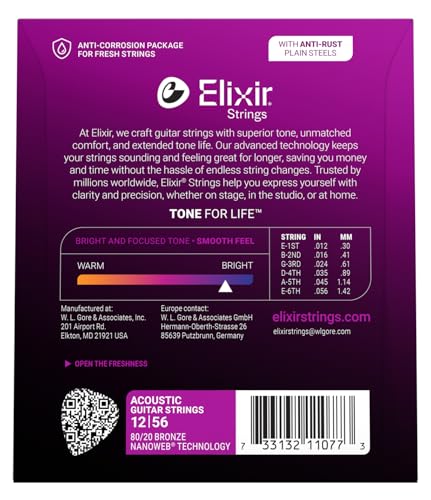 Image of Elixir Strings, Acoustic Guitar Strings, 80 /20 Bronze with NANOWEB Technology, Longest-Lasting Bright and Focused Tone For Life with Comfortable Feel, 6 String Set, Light /Medium 12-56
