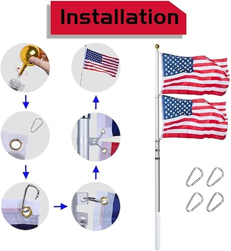 Miniatura 6 de Kit de asta de bandera telescópica de 30 pies, de aluminio de calibre 16 resistente para exteriores con bandera de Estados Unidos de 3 x 5, para uso