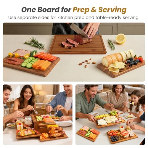 Bamboo Cutting Board Set with Stand, 3PCS Double-Sided Chopping Boards for Kitchen Meal Prep & Serving, Charcuterie, Juice Grooves & Side Handle, Ideal for Meat, Vegetables, Kitchen Essentials, Brown by Maxboro - Image 7