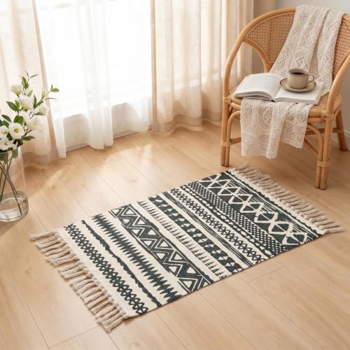 Image of MORROWCAMP Boho Cotton Small Rug 58x88 cm with Tassels, Woven Washable Rug, Soft Bedside Rug for Bedroom, Decorative Accent Rug for Entryway, Kitchen Indoor, Black White Geometric