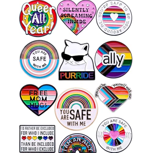 Anjulery 12-Pack LGBTQ+ Enamel Pins Set – Ally and Safe Space Pride Pins with Rainbow and Quote Designs – Collectible Metal Lapel Pins for Backpacks, Bags, Jackets, Gifts (Pride-Y)