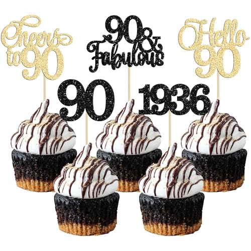 Gyufise 30Pcs 90th Birthday Cupcake Toppers 90 Fabulous Cupcake Picks Cheers to 90 1936 Cake Decorations for Happy 90th Birthday Wedding Anniversary Party Decoration Supplies Gold Black