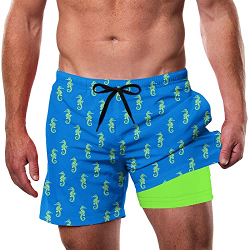 Cozople Compression Swim Shorts for Men Boxer Brief Lined Swimwear Novelty Sea Horse Printed Swim Trunks Summer Beach Surfing Shorts with Pocket L