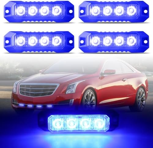 4-LED Surface Mount Strobe Lights for Trucks Car Vehicle Mini Grille Flashing Light Head Emergency Hazard Warning Grill Lamp Ultra Slim 4pcs Sync Feature (Blue)