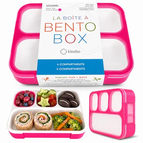 Image of kinsho Bento Lunch Box Kids & Adults. Meal and Snack Containers for Boys, Girls for School Work Travel, 4 Sealed Divided Compartments, BPA Free, Utensils (Rose Pink, 1 Pack)