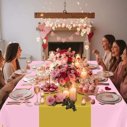 Image of Smiry Plastic Table Cloth Disposable 8 Pack, 54 x 108 Inch Rectangle Waterproof Tablecloth, Printed Gold Table Runner Style for Birthday Weeding, Party Decorations, Leakproof & Sturdy, Pink and Gold