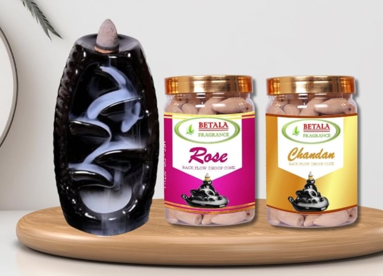 Image of Betala Fragrance Black Ceramic Fountain Smoke Waterfall Backflow Burner + 2 Pack Dhoop Cone, Chandan, Rose (50 Pcs) (Burner + 2 Incense Cone)