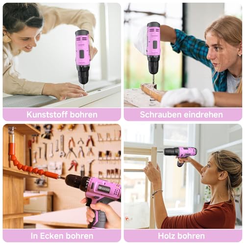Akkuschrauber Klein, Akku Bohrmaschine 12V, FADAKWALT Mini Akkuschrauber mit 50-tlg Zubehör, 21+1 Drehmoment,19 Nm Max. LED-Licht, Akkubohrer für Reparatur und DIY (Rosa) 4