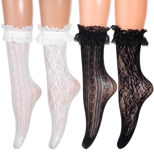 4 Pairs Womens Ruffle Socks, White and Black Lolita Dress Frilly Lace Socks, Sexy Mesh Sock, Cotton Lace Ankle Sock for Woman Girl