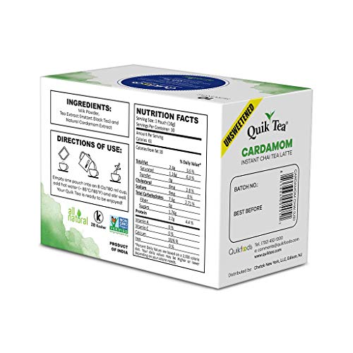 Quiktea Unsweetened Cardamom Chai Tea Latte - 20 Count (2 Boxes Of 10 Each) - Packaging May Vary - All Natural Preservative Free Authentic Chai From Assam & Darjeeling #TOP3