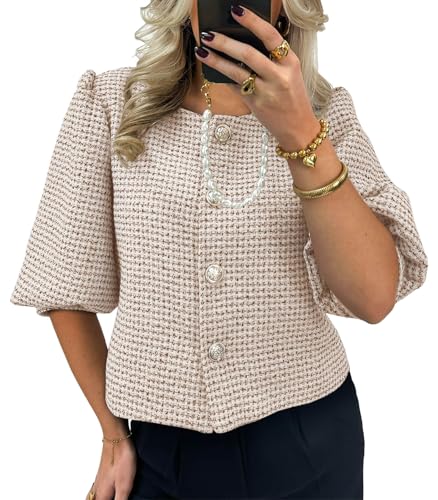 Cicy Bell Womens Cropped Tweed Blazers Puff Short Sleeve Crew Neck Button Business Casual Suit Jackets