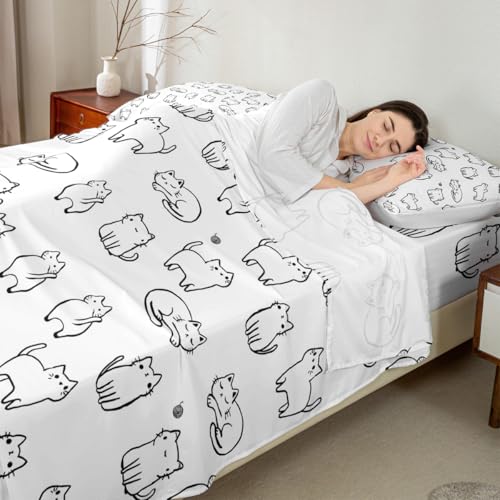 Image of Cartoon Cat Bed Sheet Set Twin Size,Kawaii Cats Pet Animals Sheet Set Kids Teens,Black and White Bedding Decor Set with 1 Flat & 1 Fitted Sheet with 1 Pillow Sham