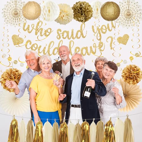 Image of Roetyce Farewell Party Decorations Women Men, Gold Glitter Who Said You Could Leave Banner, Going Away Leaving Goodbye Party Supplies for Coworker Friends, Retirement Photo Backdrop Background Decor