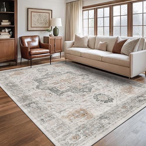 Rugland 5x7 Area Rugs - Stain Resistant Washable Rug, Anti Slip Rugs for Living Room, Vintage Tribal Area Rugs(Medallion 01-Taupe/Grey, 5'x7')