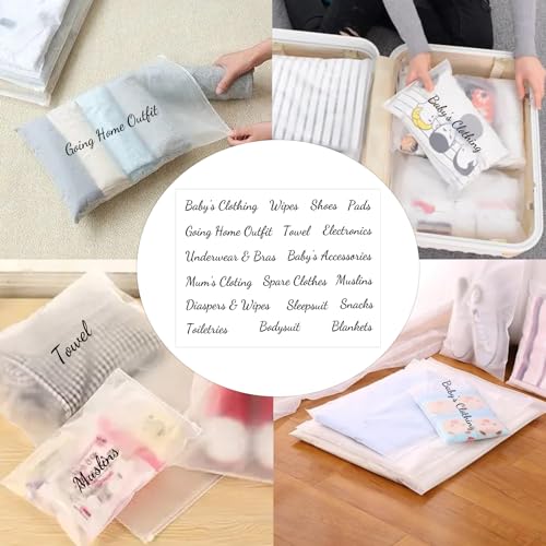 Image of Pop Resin 20 Pack Pouches Frosted Bag with 2 Sheets of Clear Hospital Bags Stickers for Labor and Diaper Maternity Essentials 13.78 x 15.74 Inch Hospital Bag for Mommy Dad Newborn Baby Diaper Bag