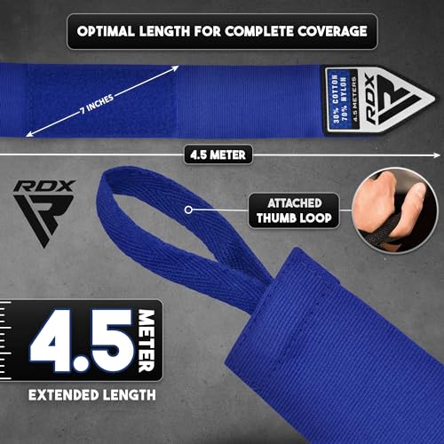 Image of RDX Boxing Hand Wraps 4.5M / 180 Inches - Mexican Style Semi-Elastic MMA Inner Gloves - Wrist Support for Muay Thai, Kickboxing, BJJ, Karate - Thumb Loop & Hook and Loop Closure - Cotton & Nylon Blend