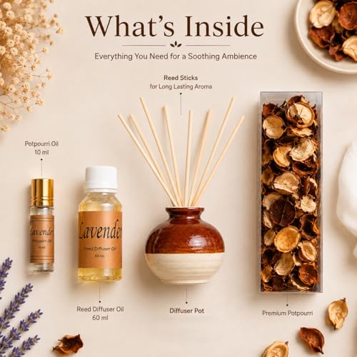 Image of AuraDecor Reed Diffuser Gift Set with Potpourri, Fragrance Oil & 6 Reed Sticks | Air Freshener for Living Room, Bedroom & Office | Decorative Aroma Diffuser Gift Set (Lavender, X-Large)