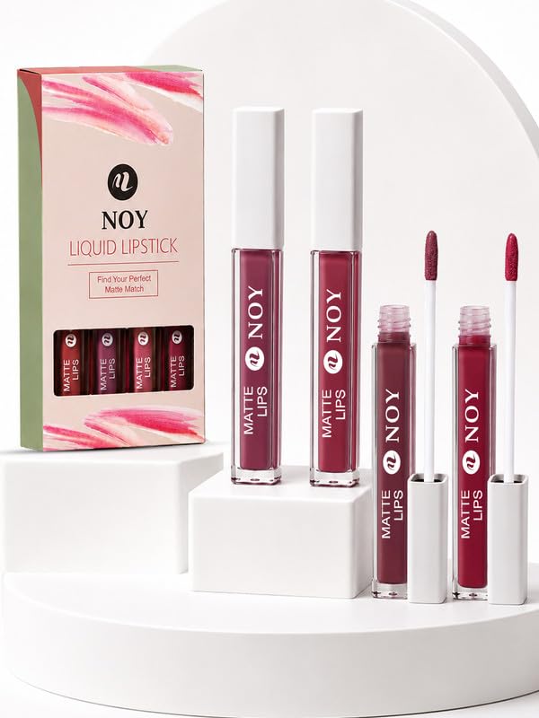 Image of Noy Lipstick Matte Waterproof Set Full-Impact Matte Color for a Fierce Look - Nude Pink, Mauve Nude, Dark Maroon, Red Wine Shades Pack of 4