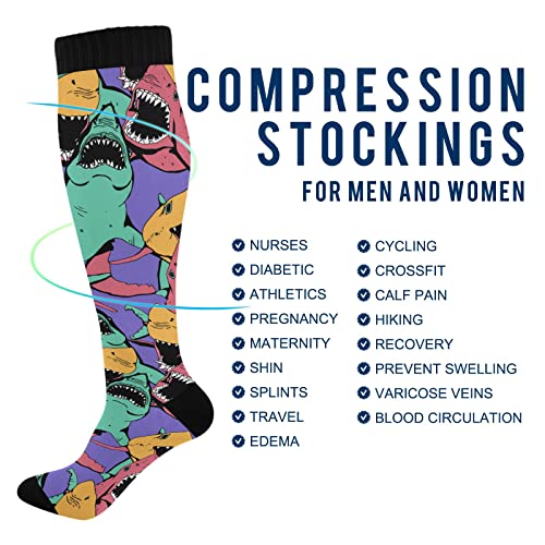 Wusikd Angry Shark Compression Socks for Women and Men Circulation Colorful Long Socks for Athletic Running 14