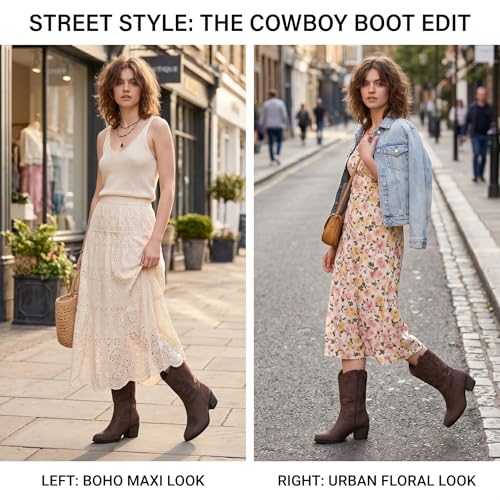 Image of GLOBALWIN Women's Mid Calf The Western Cowgirl Boots Fashion Cowboy Boots For Women Chunky Low Heel