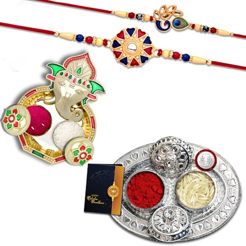 Image of Oblivion Ganesha Round Design Multicolour Mina Rakhi Set of 2 for Brother with Silver Colour Pooja Coin, Pooja Thali and Greeting Card for Raksha Bandhan