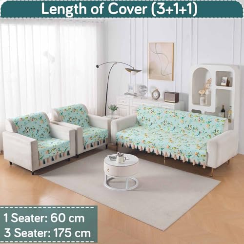 Image of HOKIPO Printed Holland Velvet Sofa Cover 5 Seater Set - 3+1+1 Sofa Cover with Tassel | Full Protection for Sofa Seat and Back | 'Whispers of Nature' | Mint Birdsong Blossom (IN-1127+1125-D3*2)