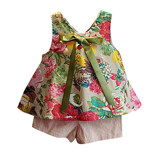 Switchali Vestidos niñas, Niños Bebé Niña Verano Moda Blusas Chaleco Floral Camisa + Bowknot Pantalones Cortos Conjunto de Ropa de Fiesta para Chica Casual Linda Blusa 7 (2~3años)