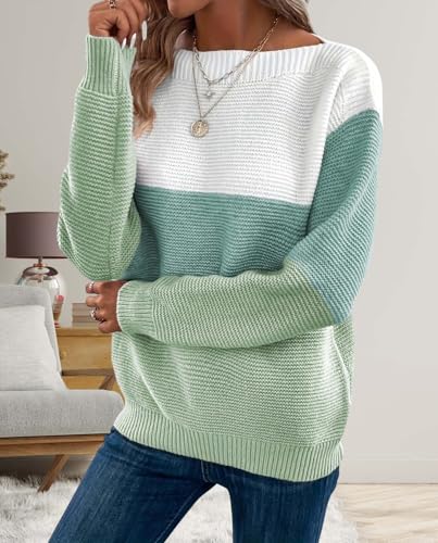 Women’s Cozy Striped Color Block Knit Sweater Top Long Sleeve Casual Crewneck Pullover3