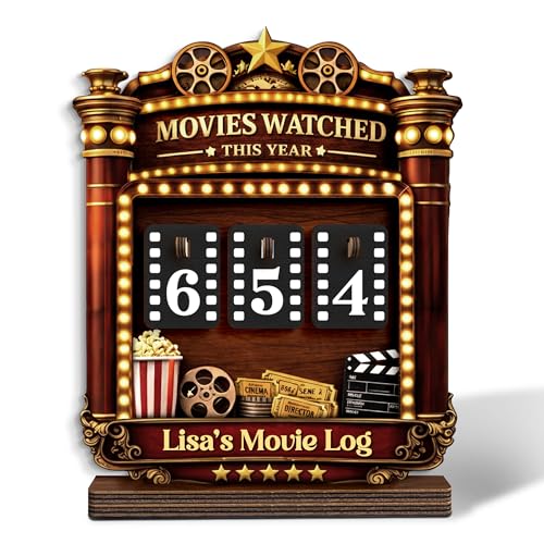 Movies Watched This Year Tracker Sign, Personalized Movie Counter with Name, Movies Log Gift for Women, Film Lovers, Vintage Cinema Decor for Home Theater, Shelf Display & Movie Night Accessories