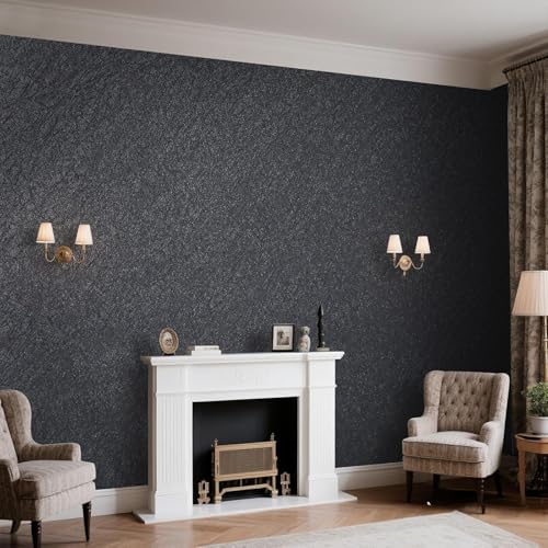 Image of Pamatio Plain Silk Pattern Textured Wallpaper Black Contemporary Nordic Luxury for Bedroom, Living Room Hallway Study Adults - Matt Dark Grey Irregular Crack-Like Surface - 1 Roll(0.53 × 9.5 metres)