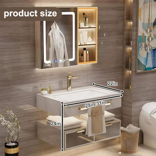 Modern Suspended Vanity with Sink, Wall-Mounted Bathroom Vanity with Quartz Countertop, No Assembly Required, Glass Included | LED Smart Demisting Mirror Cabinet, Sensor Light, Open Storage Shelves