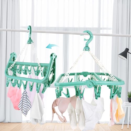 LWMTT Sockentrockner Wäscheständer,Wäschetrockner Kleiderbügel mit 32 Clips und Tropf Faltbare Wäsche Hänger Rack für Socken Babykleidung Unterwäsche Handtücher (Grün)