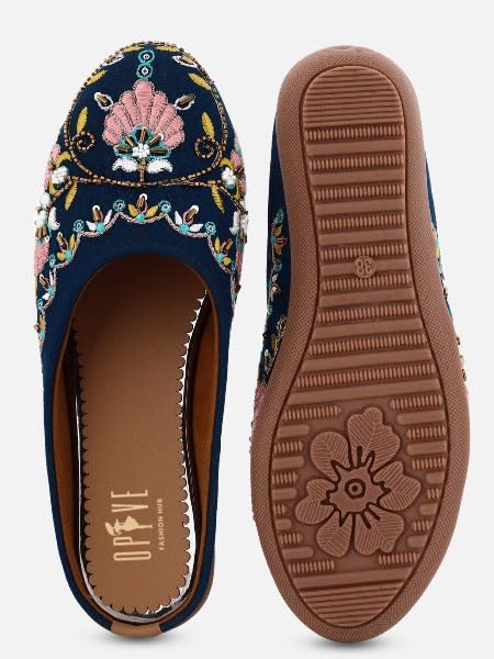 Image of OPIVE's Mehandi Women's Mojari Jutti Ethnic Punjabi Juttis Traditional Flat Embroidered Canvas Fancy Bellies Comfortable Sole for Womens & Girls