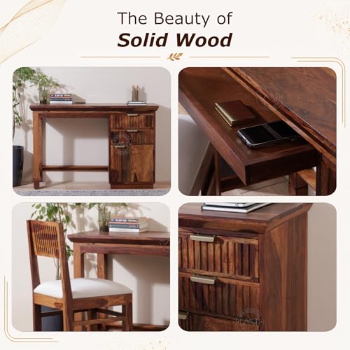 Image of NSH Solid Sheesham Wood Study Table with Chair | Wooden Writing Desk with Drawer & Door Storage | Pre-Assembled Computer Desk Workstation for Home Office & Study Room | Honey Finish