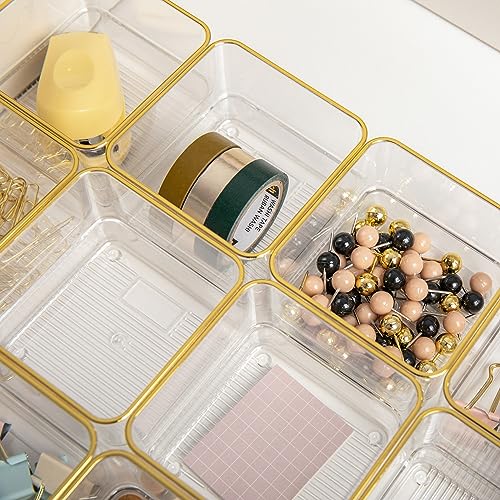 Image of Martha Stewart Kerry Plastic Stackable Office Desk Drawer Organizers, 3 inch x 3 inch, 12 Pack, with Gold Trim