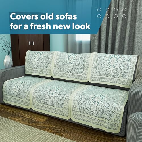 Image of Kuber Industries (Set of 6) Durable 3 Seater Sofa Covers for Living Room | Easy Machine Washable SOFE ke Cover for Protection & Comfort for Home | Floral Design - Aqua & White