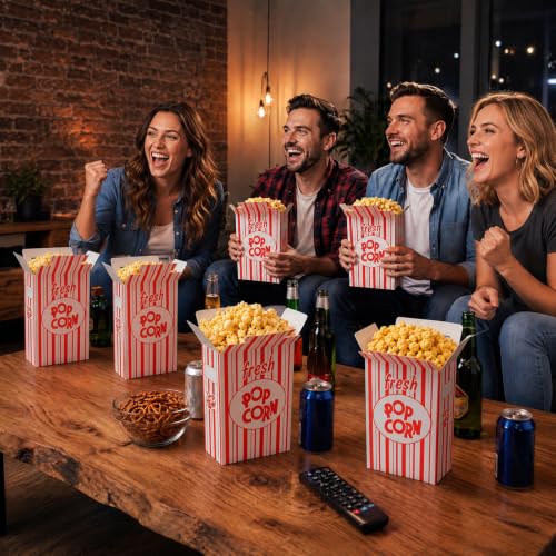 Image of Fasmov 100 Pack Large Paper Popcorn Boxes, 6 inch L x 2 1 /2 inchW x 8 1 /2 inchH Close Top Movie Theater Popcorn Boxes, Popcorn Containers for Movie Party and Theater Night (Red and White Stripes)