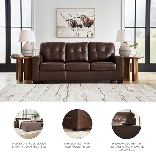 Image of Signature Design by Ashley Queen Pull Out Couch, Leather & Faux Leather | No assembly required for quick setup, 100% top-grain leather touch cushions, 4-in memory foam pull out bed, Santorine Series