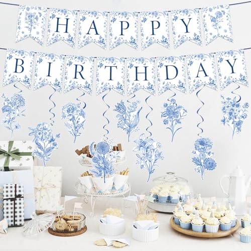 Image of JarThenaAMCS 11 Pcs Blue Flower Birthday Banner Chinoiserie Floral Happy Birthday Bunting Garland with Elegant Flower Hanging Swirl for Party Decoration