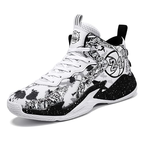 Männer Basketballschuhe No-Rutsch Outdoor Schuhe für Frauen Mode Graffiti Training Schuhe High Top Sportschuhe 35EU-45EU 8906 weiß schwarz EU 42