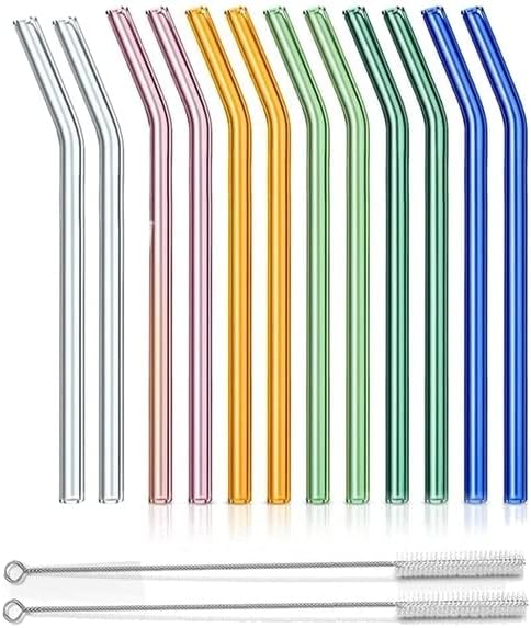 Reusable Glass Straws, Bent Glass Drinking Straws With 2 Cleaning Brushes, Straws For Smoothies,(Multicolor, 12 Pack) - (Color: Random Color)