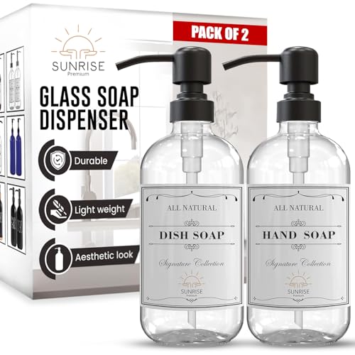 Image of Sunrise Premium 2 Pack Clear Glass Soap Dispenser 16 OZ with Matte Black Stainless Steel Pump, Hand and Dish Soap Dispenser Set for Bathroom and Kitchen Sink with 6 Waterproof Labels